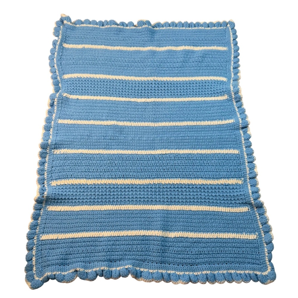 Vintage Handmade Crochet Baby Blanket Blue White Stripe Bobble Border Lap